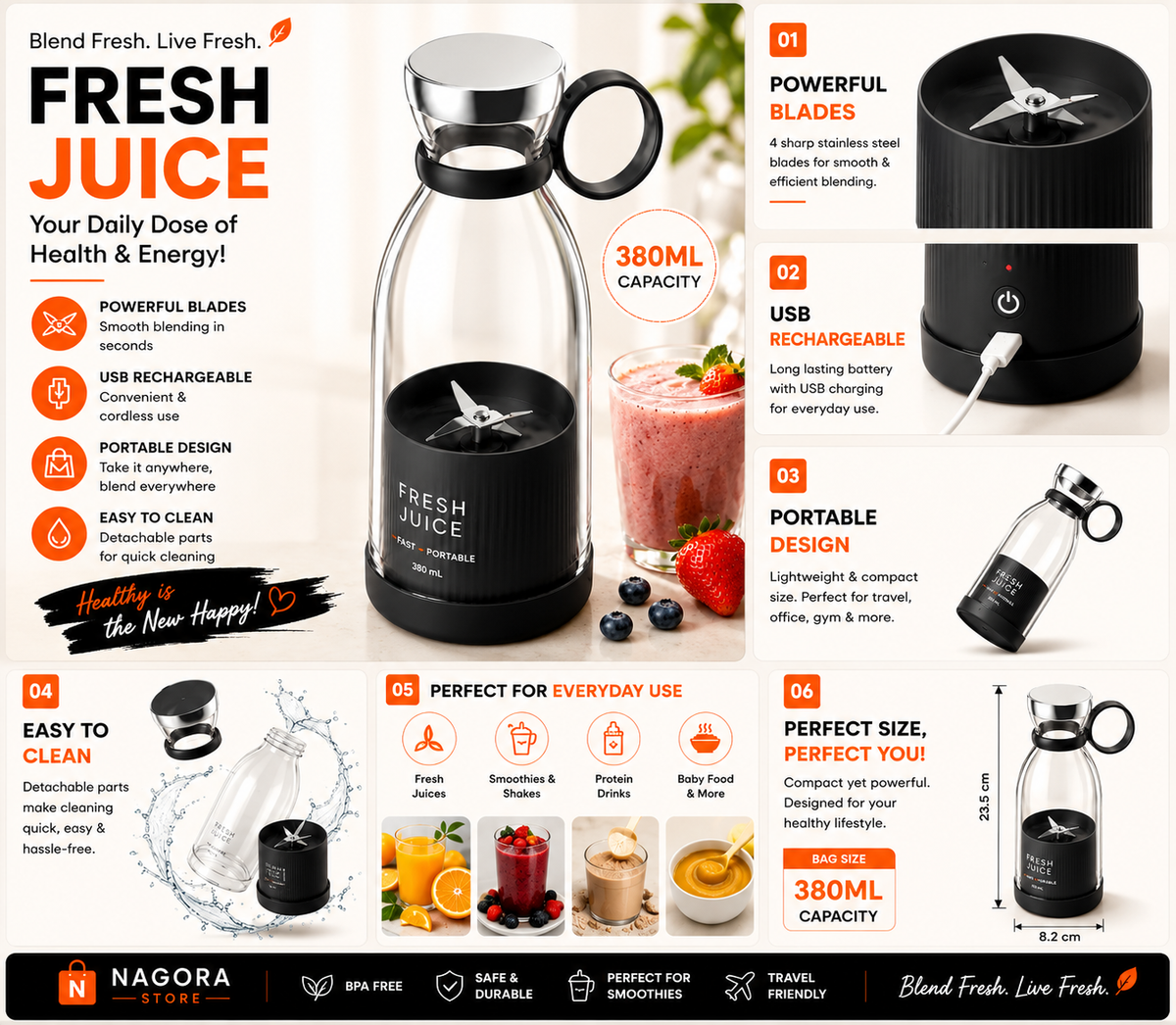 Portable Mini Rechargeable Blender – 380ML Fresh Juice Maker
