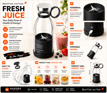 Portable Mini Rechargeable Blender – 380ML Fresh Juice Maker