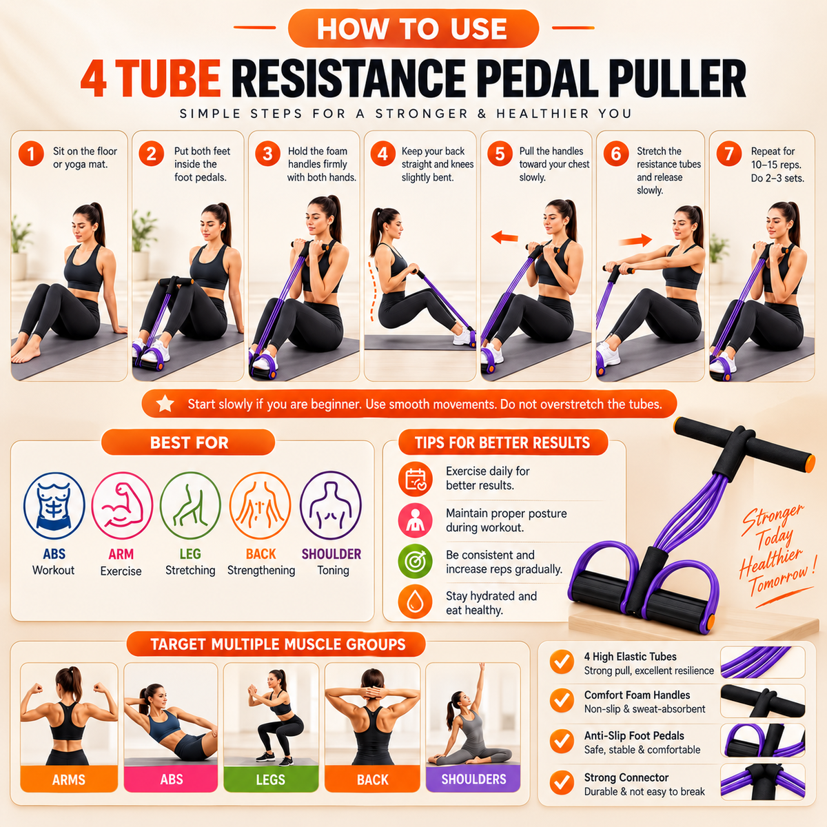 4-Tube Multifunctional Pedal Resistance Band Trainer