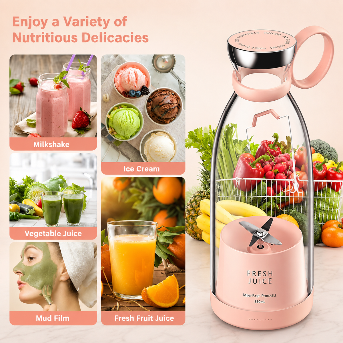 Portable Mini Rechargeable Blender – 380ML Fresh Juice Maker