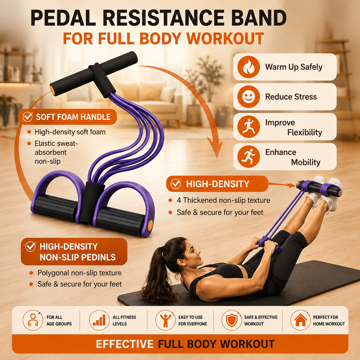 4-Tube Multifunctional Pedal Resistance Band Trainer